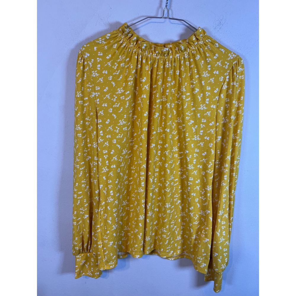 Adrianna Papell Women Blouse Ruffle Mock Neck Yellow Floral Size M